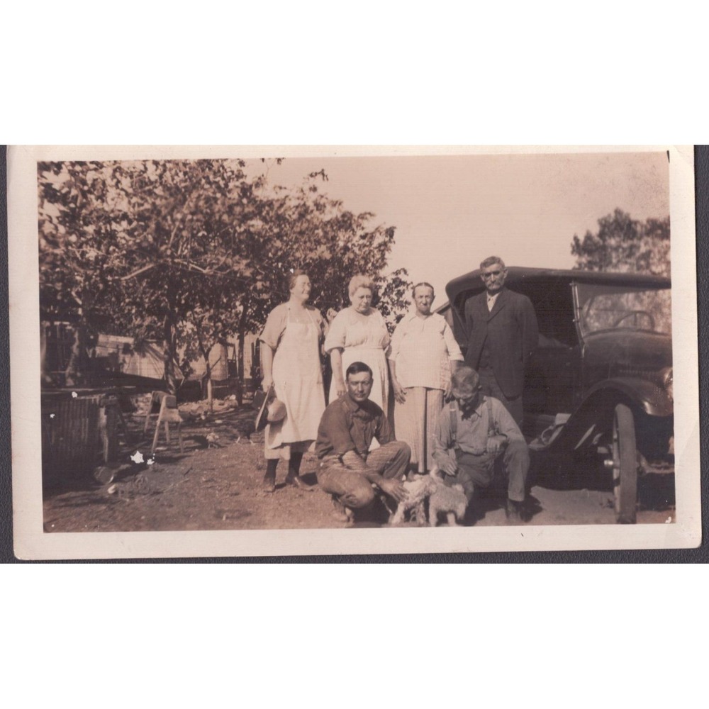 Vintage 1920s Sepia Photo Family Group Farm Antique Car & Dog